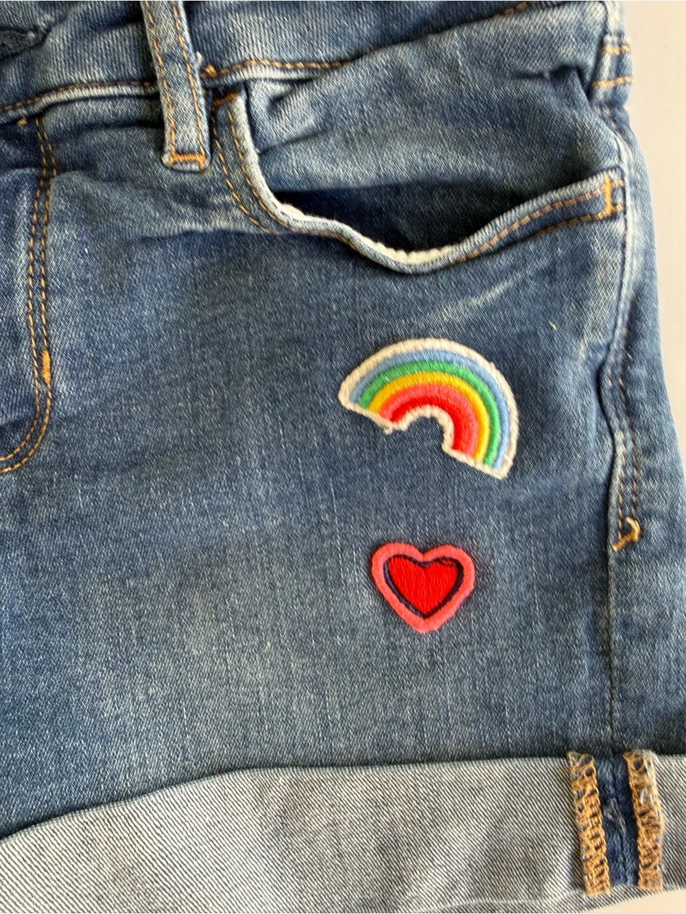 GAP‎ Kids Stretch Midi Denim Shorts Emoji Rainbow Heart Smiley Face Size 10